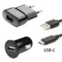 PACK3EN1-USBCNOIR - Pack 3 en 1 Chargeur secteur et allume cigare + câble USB-C noir