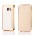 FOLIOBRUSH-S7EDGEGOLD - Etui Galaxy S7-Edge rabat latéral gold avec dos transparent souple