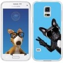 TPU0GALS5CHIENVBLEU - Coque Souple en gel transparente pour Galaxy S5 avec impression Motifs chien à lunettes sur fond bl