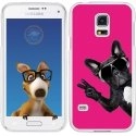 TPU0GALS5CHIENVFUSHIA - Coque Souple en gel transparente pour Galaxy S5 avec impression Motifs chien à lunettes sur fond fu